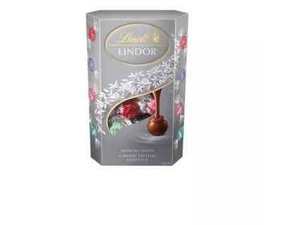 Lindt LINDOR Silver Směs mléčné a bílé čokolády s jahodami a kokosem 337 g