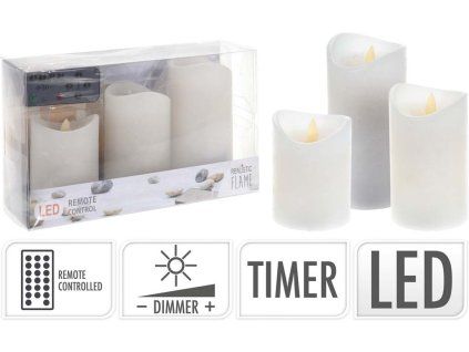 LED svíčka set 3ks 75x100/75x125/75x,150 s reálným plamenem a časovačem, bílá